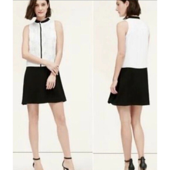 LOFT Black White Sleeveless Shift Dress Petite Small Lace Floral Overlay - Picture 1 of 7